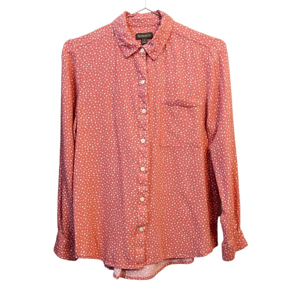 STYLE & CO 2024 Hearts Pink Blouse Top Shirt MED Novelty Print Love Sweet Fairy